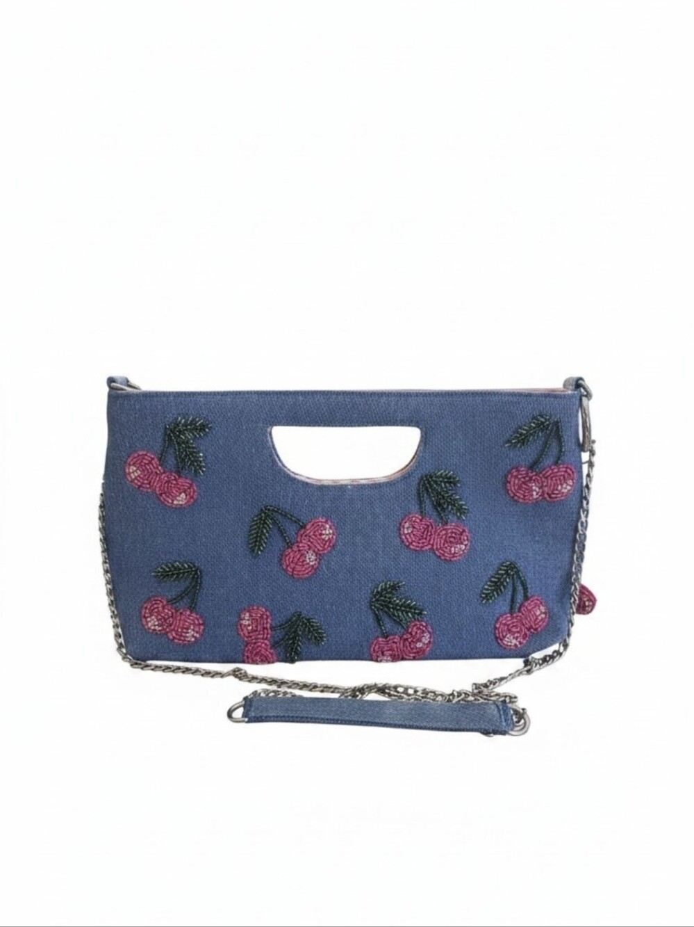 India Hand-made NWT Denim Cherry Embroidered Crossbody Bag - Blue - Picture 2 of 5